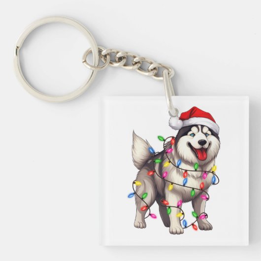 Gelukkige Kerstmis Siberische Husky met Santa Hat Sleutelhanger (voorkant)
