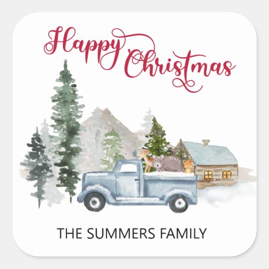 Gelukkige Kerstmisenvelop Seal Rustieke Vrachtwage Vierkante Sticker (Voorkant)