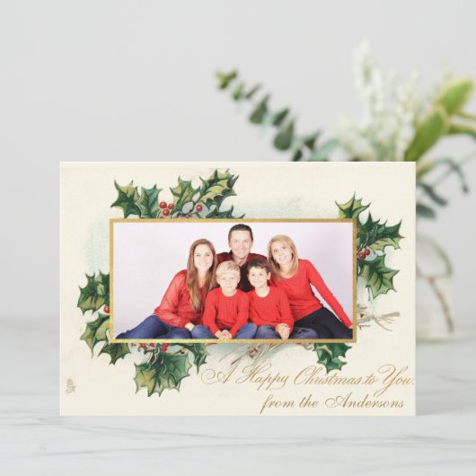 Gelukkige Kerstmisfoto  Holly & Kalligrafie Feestdagenkaart (Staand voorkant)