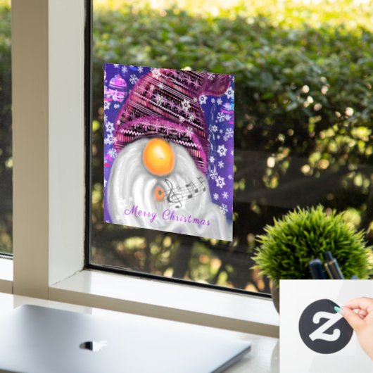 Gelukkige Kerstmiskabouter in Paarse Petten venste Raamsticker (Kantoor)