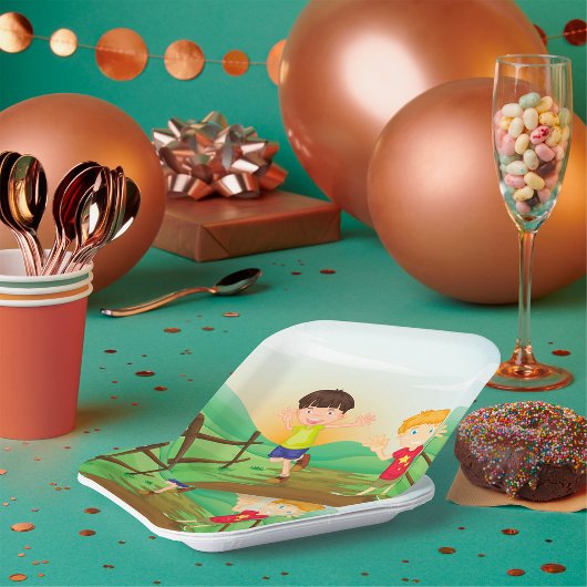 Gelukkige Kinder spelen buitenshuis Papieren Bordje