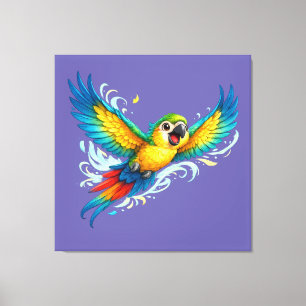 Gelukkige Kleurrijke Papegaai in Vlucht Kawaii Vog Canvas Afdruk