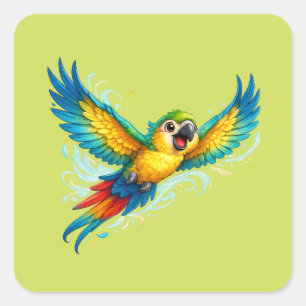Gelukkige Kleurrijke Papegaai in Vlucht Kawaii Vog Vierkante Sticker