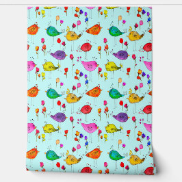 Gelukkige kleurrijke Waterverf vogels en bloemen Behang