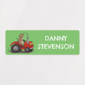 Gelukkige koe rijden rode tractor cartoon geperson labels (Design 2)