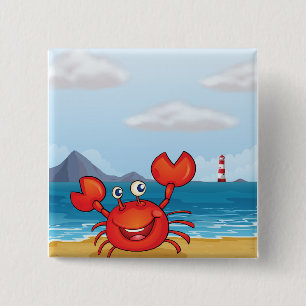 Gelukkige krab op strand met vuurtoren vierkante button 5,1 cm