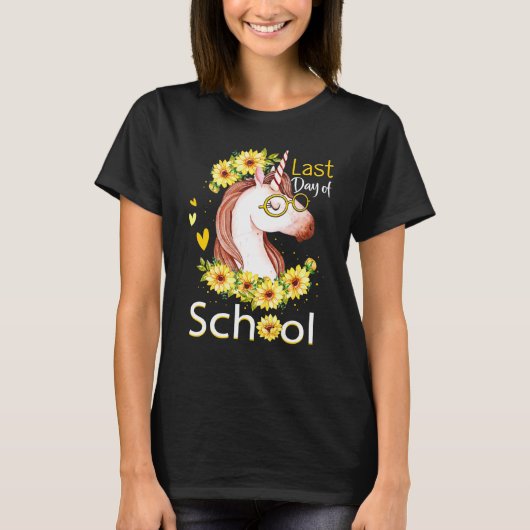 Gelukkige laatste dag van school eenhoorn zonneblo t-shirt (Voorkant)