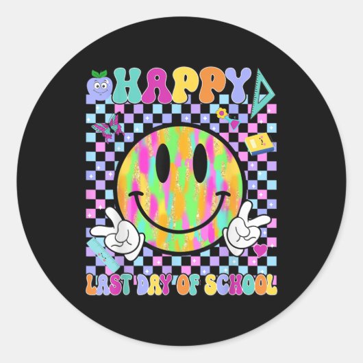 Gelukkige laatste dag van school groovy glimlach g ronde sticker (Voorkant)