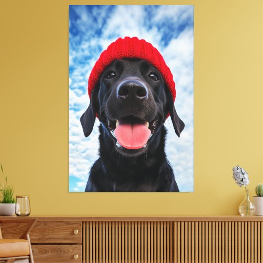 Gelukkige Labrador in een rode muts onder een blau Canvas Afdruk (Insitu (Woonkamer))