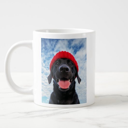 Gelukkige Labrador in een rode muts onder een blau Grote Koffiekop (Links)