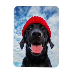Gelukkige Labrador in een rode muts onder een blau Magneet