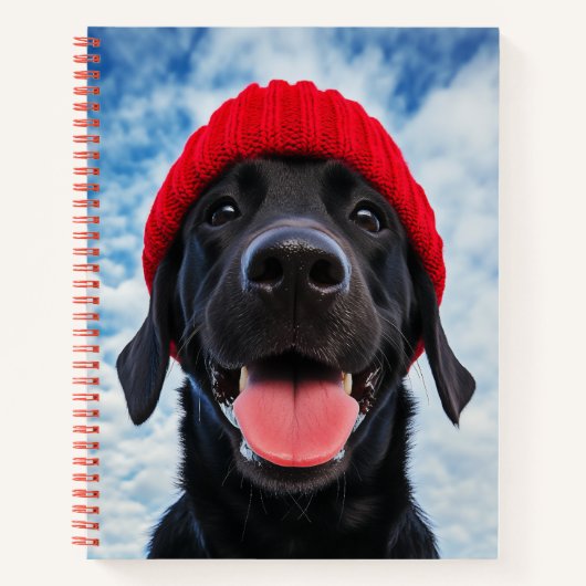 Gelukkige Labrador in een rode muts onder een blau Notitieboek (Voorkant)