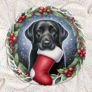 Gelukkige Labrador Retriever Kerstkrans Hond Rond Kussen
