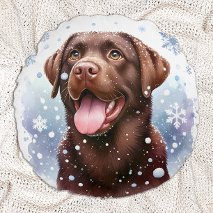 Gelukkige Labrador Retriever Puppy Dog Sneeuw Kers Rond Kussen