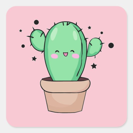 Gelukkige lachende baby cactus in vaas met sterren vierkante sticker (Voorkant)