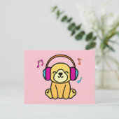 Gelukkige lachende baby hond puppy met hoofdtelefo briefkaart (Staand voorkant)