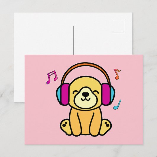 Gelukkige lachende baby hond puppy met hoofdtelefo briefkaart (Voorkant / Achterkant)