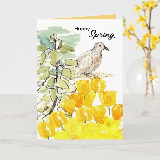 Gelukkige Lente Duif Boom Gele Wilde Bloemen Kaart (Gele Bloem)