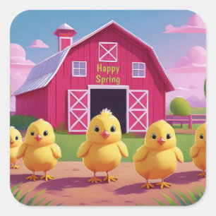 Gelukkige lente kuikens in boerenerf vierkante sticker