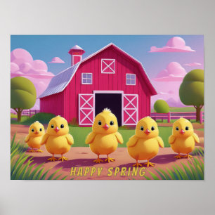 Gelukkige lente kuikens in de boerderij poster