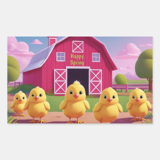 Gelukkige lente kuikens in de boerderij rechthoekige sticker (Voorkant)