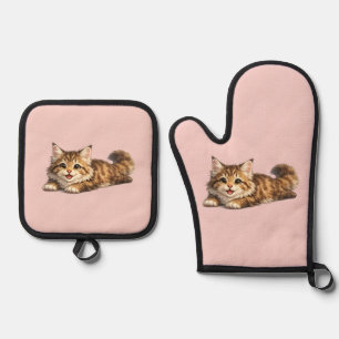 Gelukkige Maine Coon Kat Knus Ontwerp Met Positiev Ovenwant & Pannenlap Set