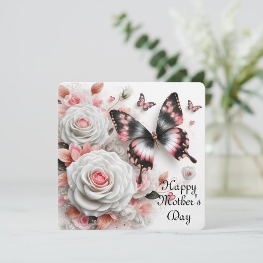 Gelukkige Moeder Rozen en Vlinders Feestdagenkaart (Staand voorkant)