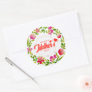 Gelukkige Moederdag Aquarel Roze Bloemen & Harten Ronde Sticker