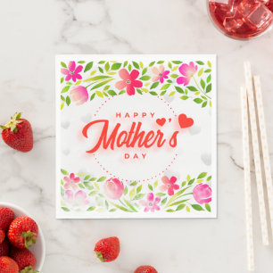 Gelukkige Moederdag Aquarel Roze Bloemen & Harten Servet