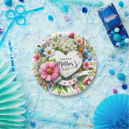 Gelukkige Moederdag Bloemen Harten Papieren Bordje (Feest)