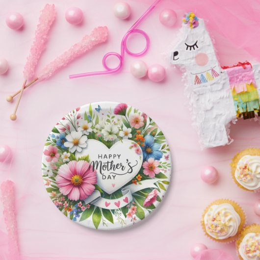 Gelukkige Moederdag Bloemen Harten Papieren Bordje (Feest)