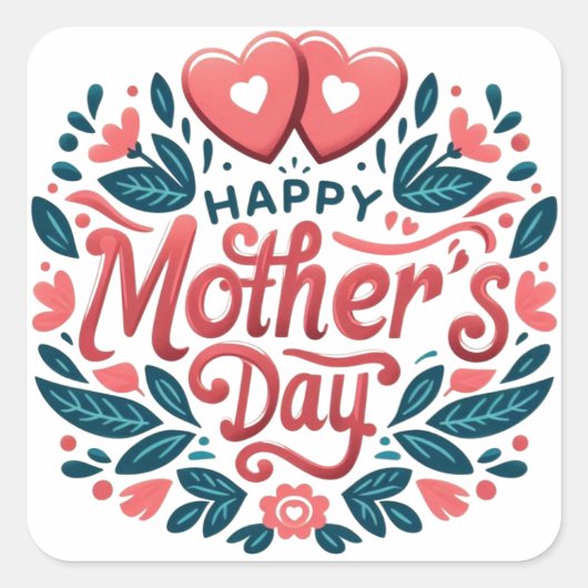 Gelukkige Moederdag - Botanisch Hart & Script Vierkante Sticker (Voorkant)
