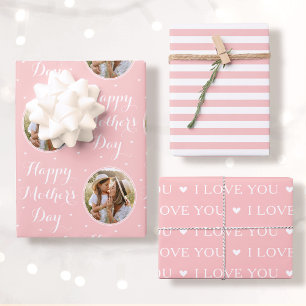 Gelukkige Moederdag Foto Ik Hou van Jou Roze 3 Set Inpakpapier Vel