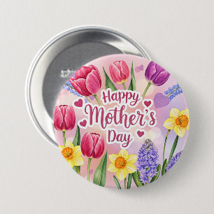 Gelukkige Moederdag, lente bloemen, Ronde Button 7,6 Cm