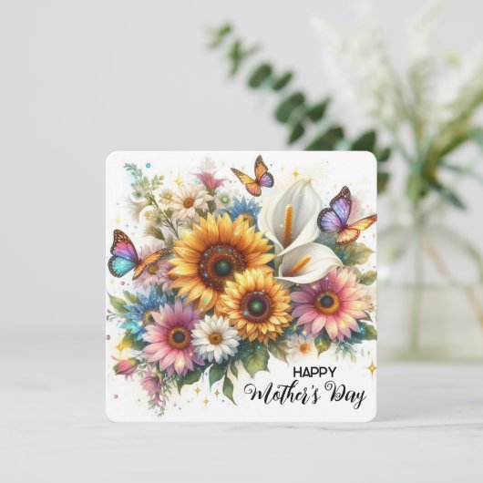 Gelukkige Moederdag met Bloemen en Vlinders Feestdagenkaart (Staand voorkant)