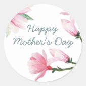 Gelukkige Moederdag met roze Waterverf Magnolias Ronde Sticker (Voorkant)