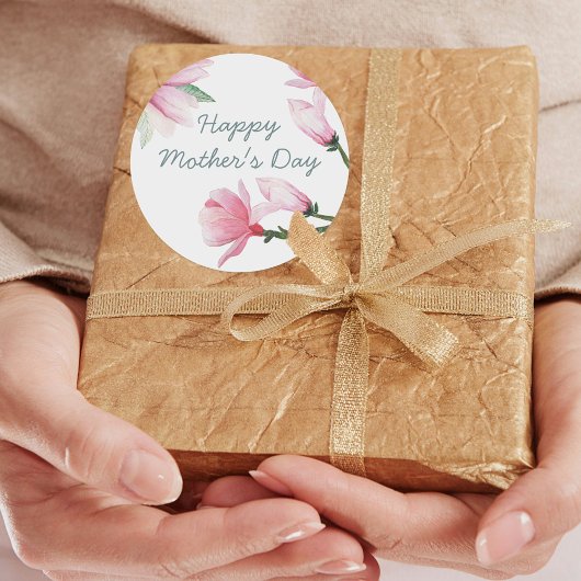 Gelukkige Moederdag met roze Waterverf Magnolias Ronde Sticker