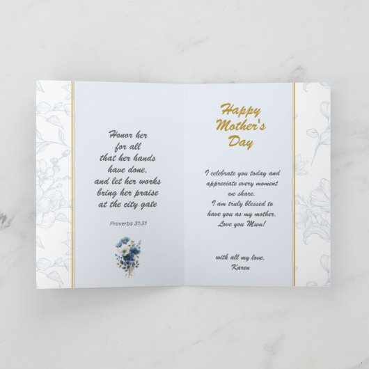 Gelukkige Moederdag Modern Blauw Bloemen Bijbelver Kaart (Binnen)