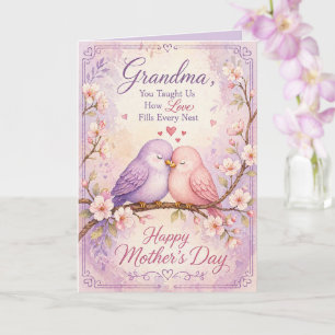 Gelukkige Moederdag Oma Whimsical Liefdesvogels Kaart