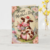 Gelukkige Moederdag Retro Koe Kaart (Gele Bloem)