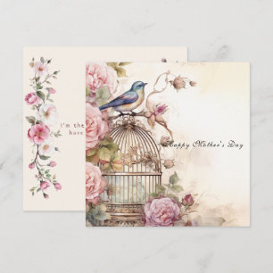 Gelukkige Moederdag Roze Rozen Blauw Vogeltje Kaart
