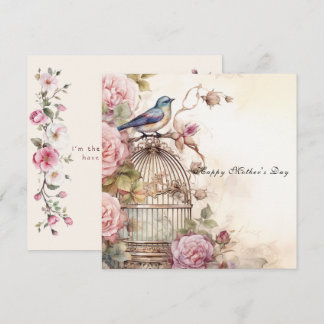 Gelukkige Moederdag Roze Rozen Blauw Vogeltje Kaart