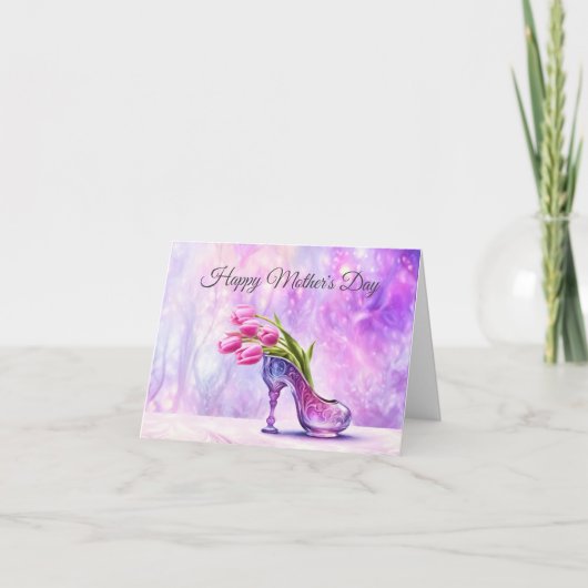 Gelukkige Moederdag roze tulpen in glazen pantoffe Kaart (Voorkant)