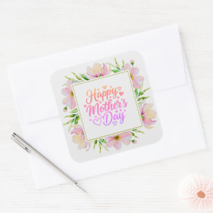 'Gelukkige Moederdag' Roze Waterverf Bloem Vierkante Sticker