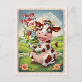 Gelukkige Moederdag Schattigee Koe met  bloemen Briefkaart