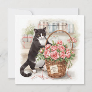 Gelukkige Moederdag Tuxedo Kat Bloemen schikkend Feestdagenkaart