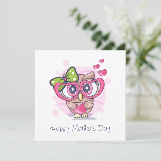 Gelukkige Moederdag Uil Roze Hartjes Feestdagenkaart (Staand voorkant)