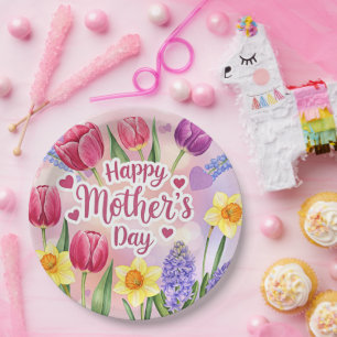 Gelukkige Moederdag, voorjaarsbloemen, Papieren Bordje