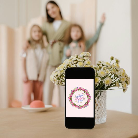 Gelukkige Moeders Dag Roze Bloemen Krans Feestdagen Kaart