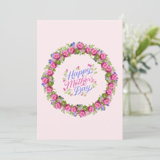 Gelukkige Moeders Dag Roze Bloemen Krans Feestdagenkaart (Staand voorkant)